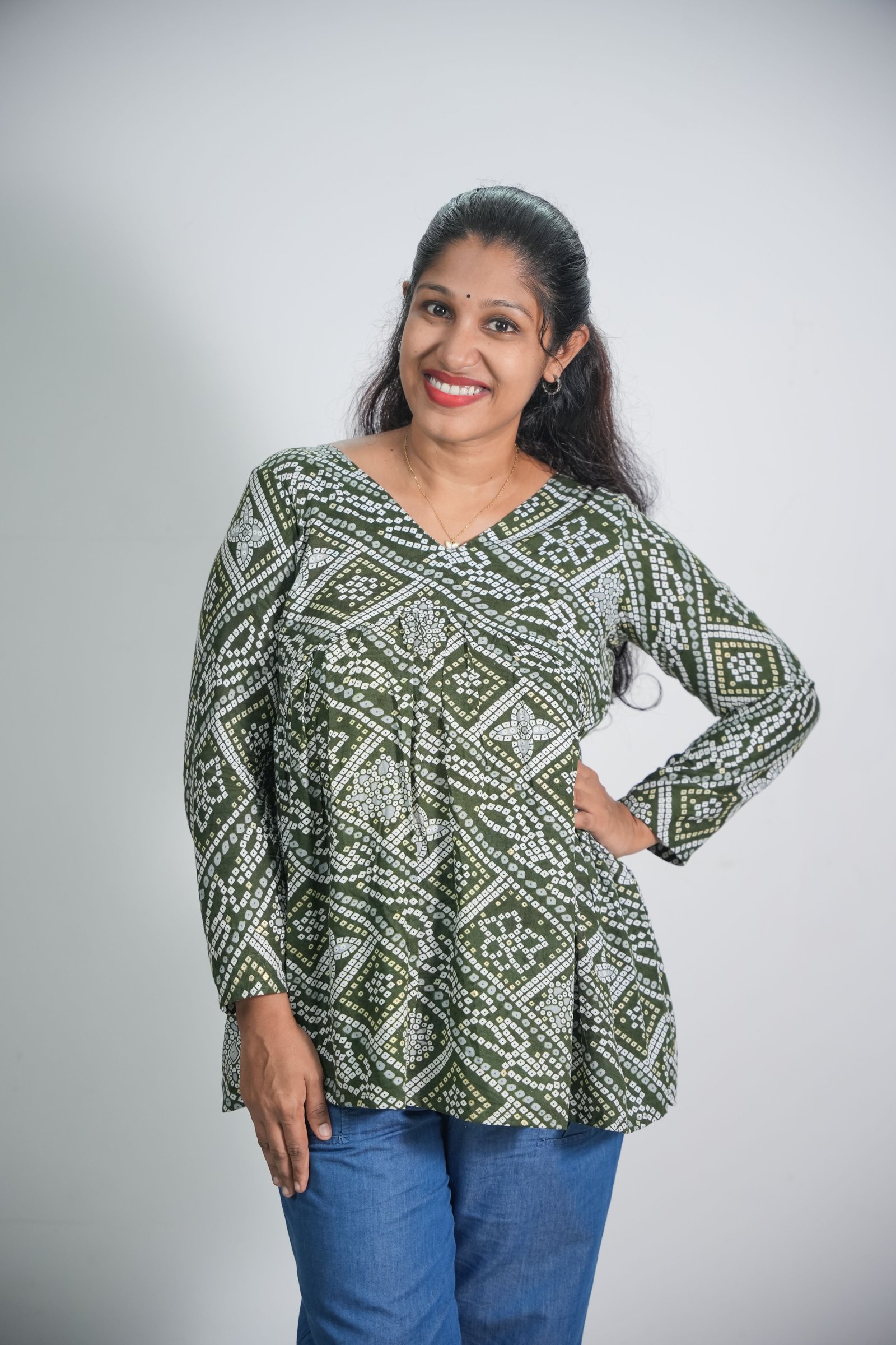 Olive Green Rayon Bandhani Print Short Kurti